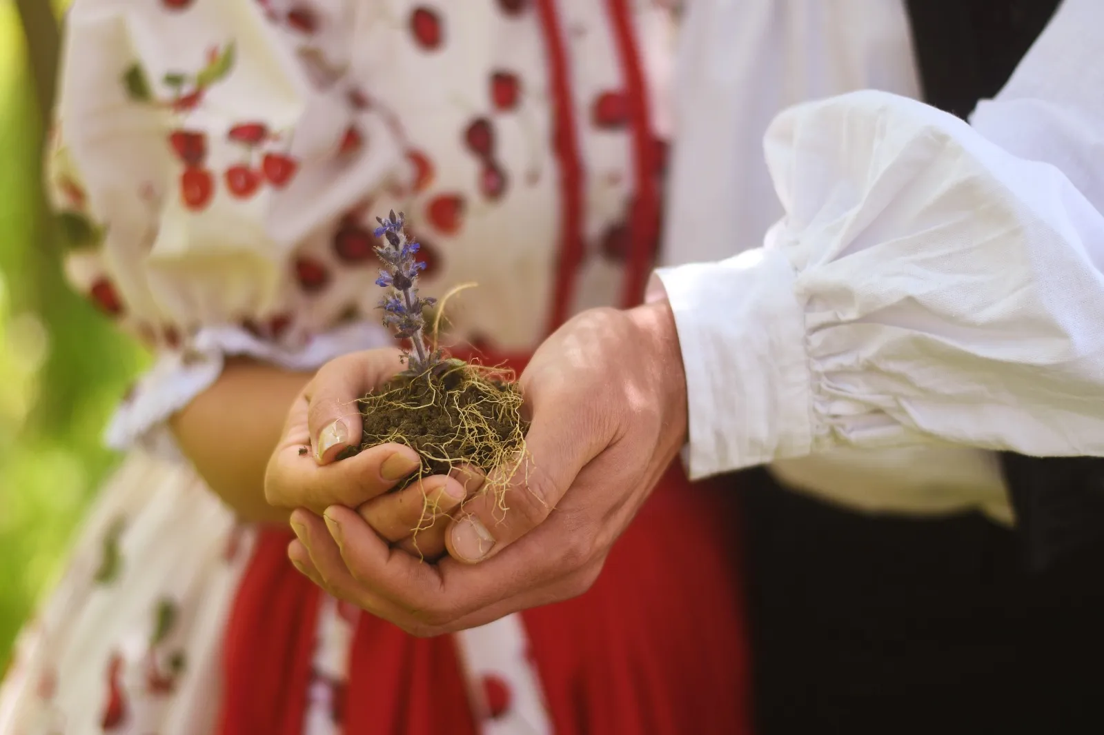 Hagyományos népviseletbe öltözött pár közösen tart egy földlabdát, amelyből kis virág sarjad — a kezdetek és az új élet jelképe.